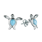 The picture shows a pair of 925 sterling silver a larimar sea turtle stud earrings.