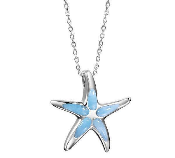 The picture shows a 925 sterling silver larimar starfish pendant.