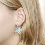 In this photo there is a model wearing 925 sterling silver earrings with blue larimar, aquamarine, and topaz gemstones.