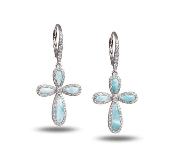 The picture shows a pair of 925 sterling silver larimar cross lever-back earrings with topaz.