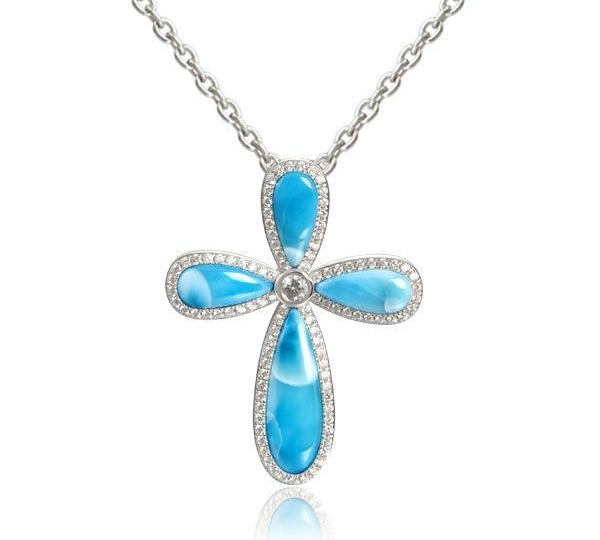 The picture shows a 925 sterling silver larimar cross pendant with topaz.