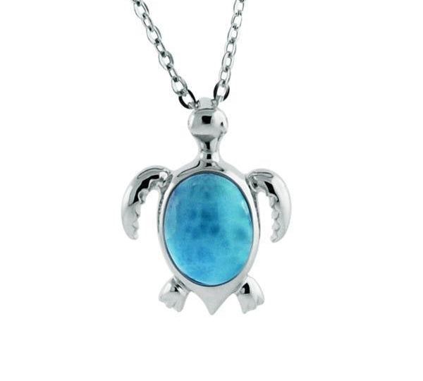 The picture shows a 925 sterling silver larimar sea turtle pendant.