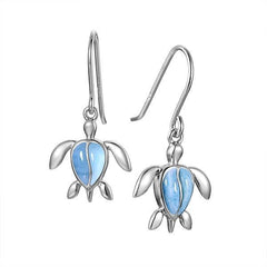 The picture shows a pair of 925 sterling silver larimar sea turtle hook earrings.