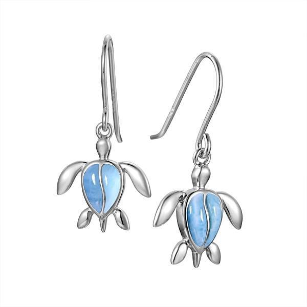 The picture shows a pair of 925 sterling silver larimar sea turtle hook earrings.