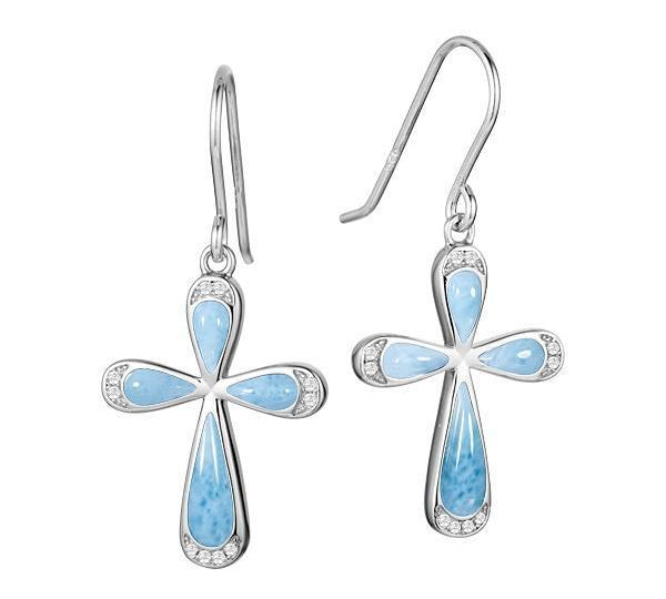 The picture shows a pair of 925 sterling silver larimar cross earrings with topaz.