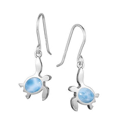 The picture shows a pair of 925 sterling silver larimar sea turtle hook earrings.