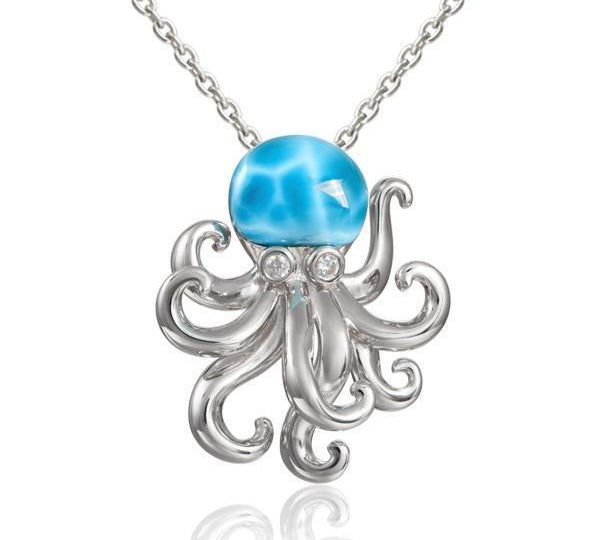 The picture shows a 925 sterling silver larimar octopus pendant with cubic zirconia eyes.