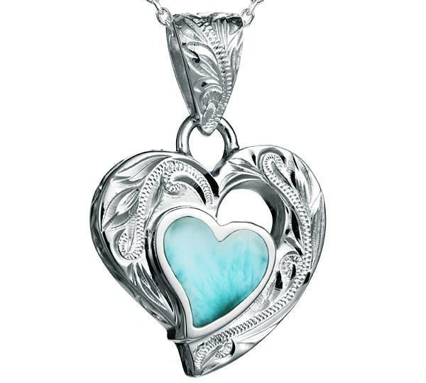 The picture shows a 925 sterling silver larimar heart pendant.