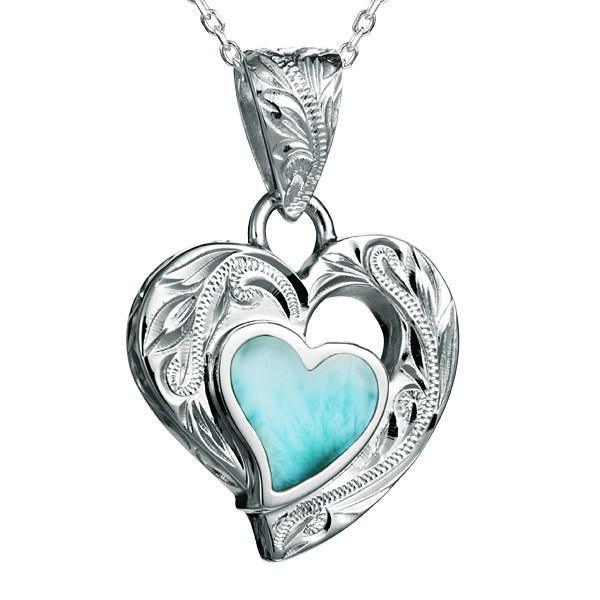 The picture shows a 925 sterling silver larimar heart pendant.