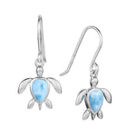 The picture shows a pair of 925 sterling silver larimar sea turtle hook earrings.
