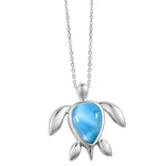 The picture shows a 925 sterling silver larimar sea turtle pendant.