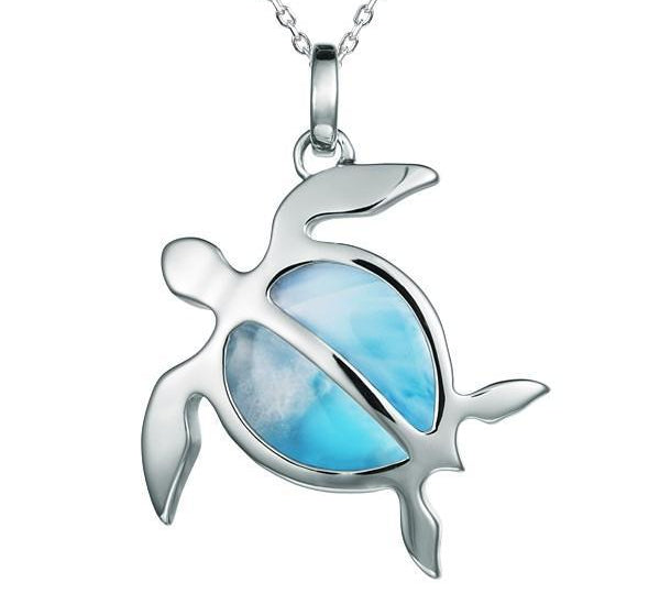 The picture shows a 925 sterling silver larimar sea turtle pendant.