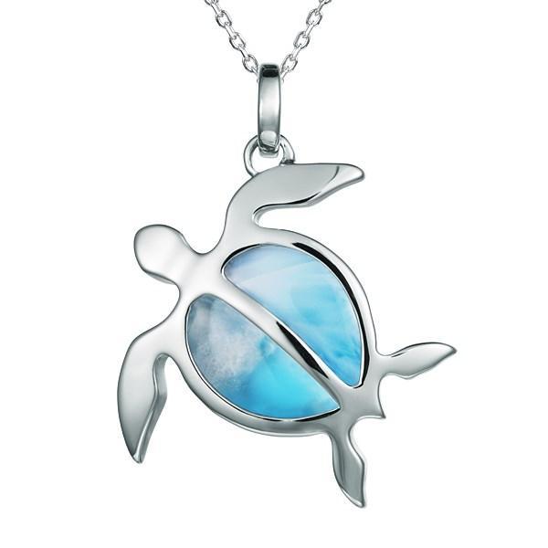 The picture shows a 925 sterling silver larimar sea turtle pendant.