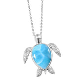 The picture shows a 925 sterling silver larimar sea turtle pendant.
