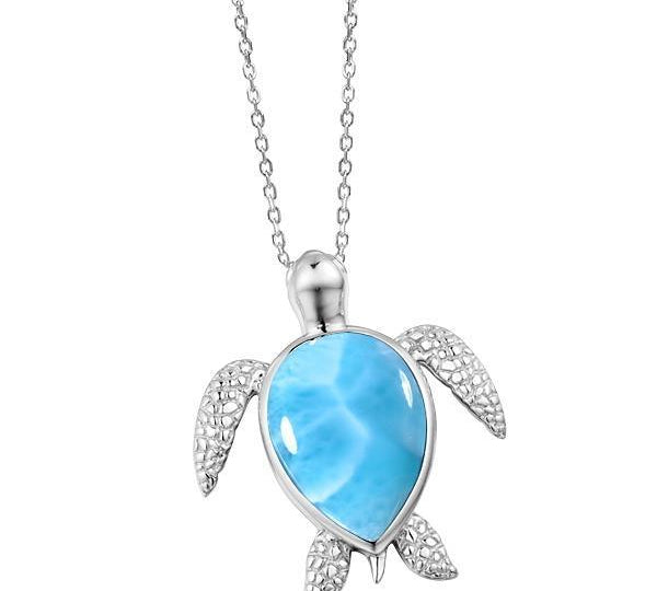 The picture shows a 925 sterling silver larimar sea turtle pendant.