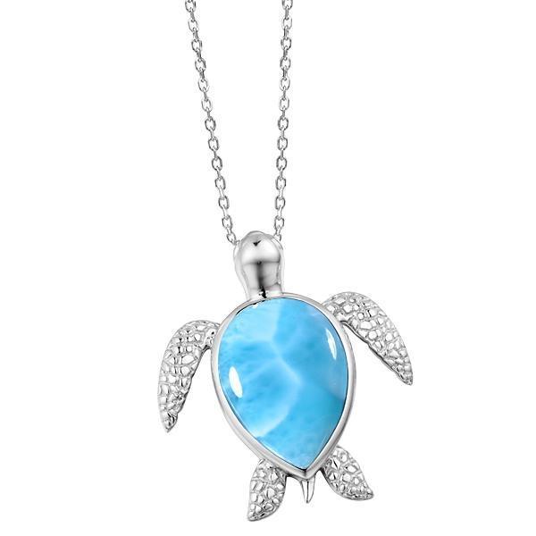 The picture shows a 925 sterling silver larimar sea turtle pendant.