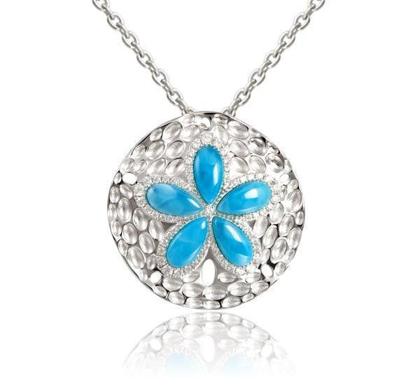 The picture shows a 925 sterling silver larimar living sand dollar pendant.