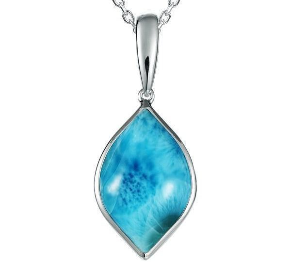 The picture shows a 925 sterling silver larimar loa mandorla pendant.