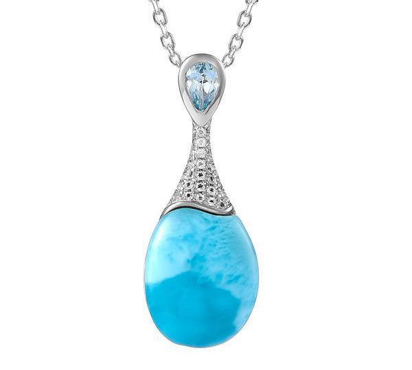 The picture shows a 925 sterling silver larimar love potion bottle pendant with aquamarine and topaz.