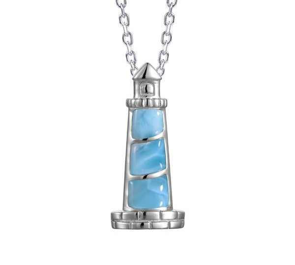 In this picture there is a lighthouse pendant with blue larimar gemstones set in sterling silver.