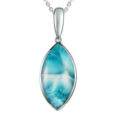 The picture shows a 925 sterling silver larimar mandorla pendant.