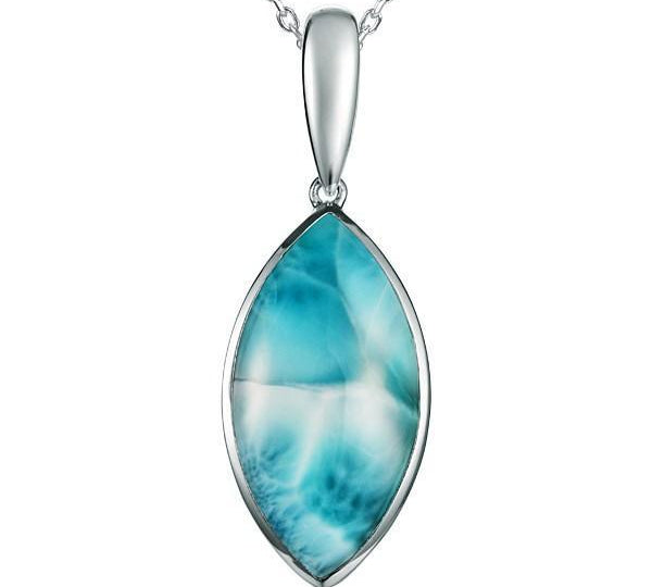 The picture shows a 925 sterling silver larimar mandorla pendant.