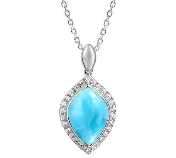 The picture shows a 925 sterling silver larimar mandorla pendant with topaz.