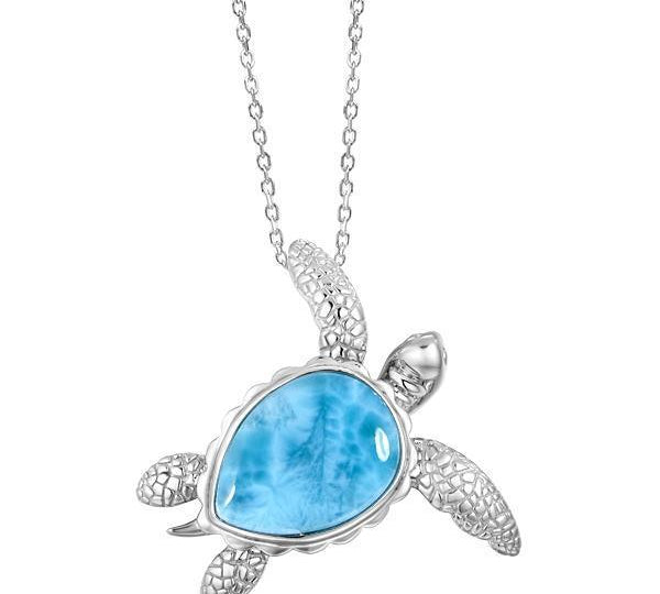The picture shows a 925 sterling silver larimar sea turtle pendant.