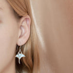 The picture shows a model wearing a 925 sterling silver larimar manta ray hook earring.