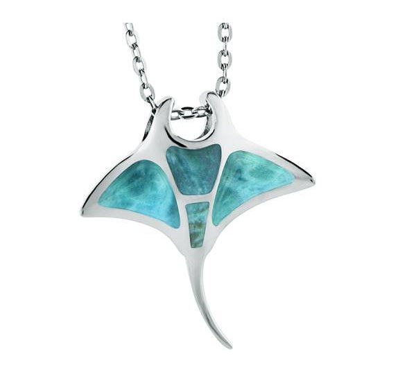 The picture shows a small 925 sterling silver larimar manta ray pendant.