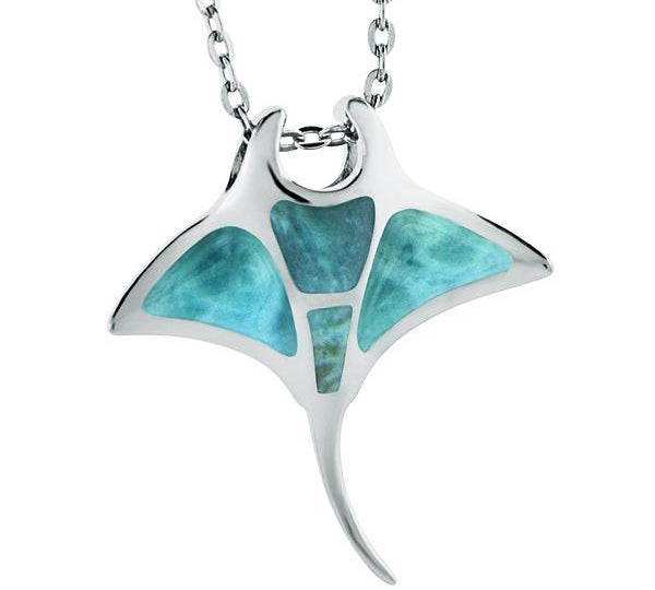 The picture shows a large 925 sterling silver larimar manta ray pendant.
