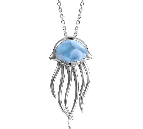 The picture shows a 925 sterling silver larimar medusa jellyfish pendant.