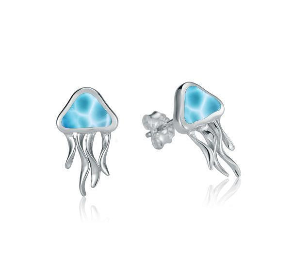 The picture shows a pair of 925 sterling silver larimar moon jellyfish stud earrings.
