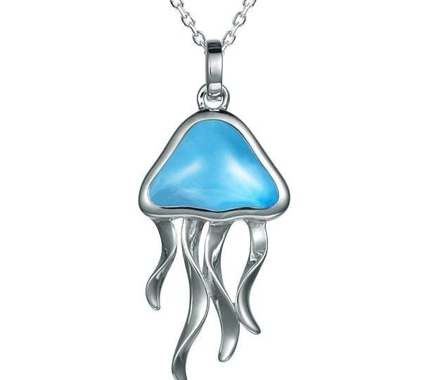 The picture shows a 925 sterling silver larimar moon jellyfish pendant.