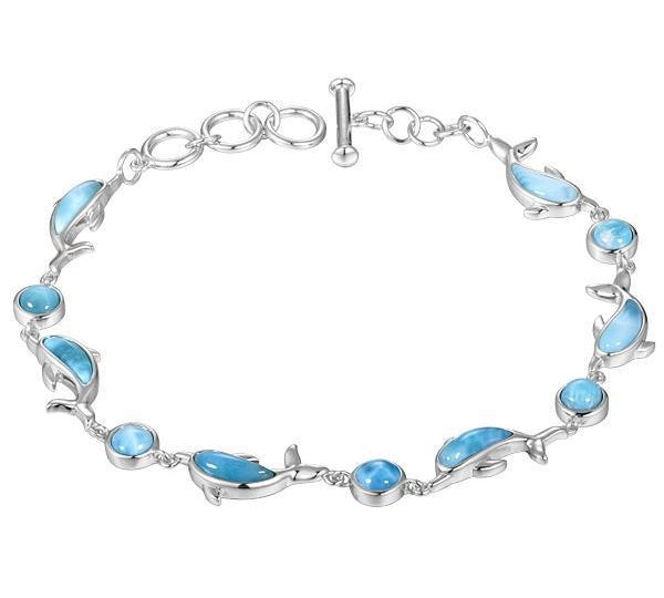 The picture shows a 925 sterling silver larimar dolphin bracelet.