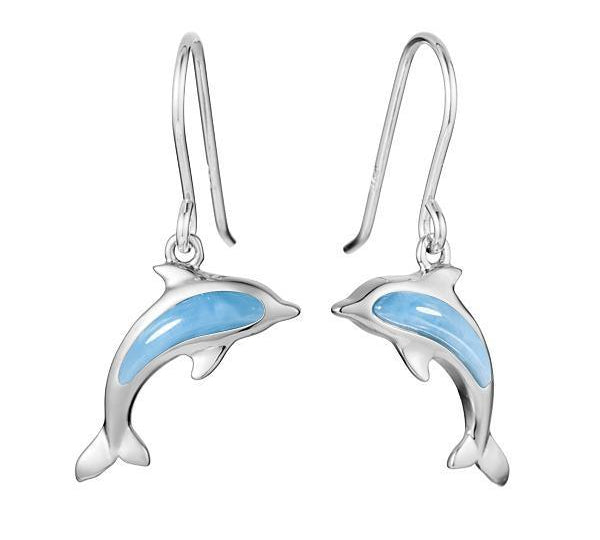 The picture shows a small pair of 925 sterling silver larimar dolphin hook earrings.