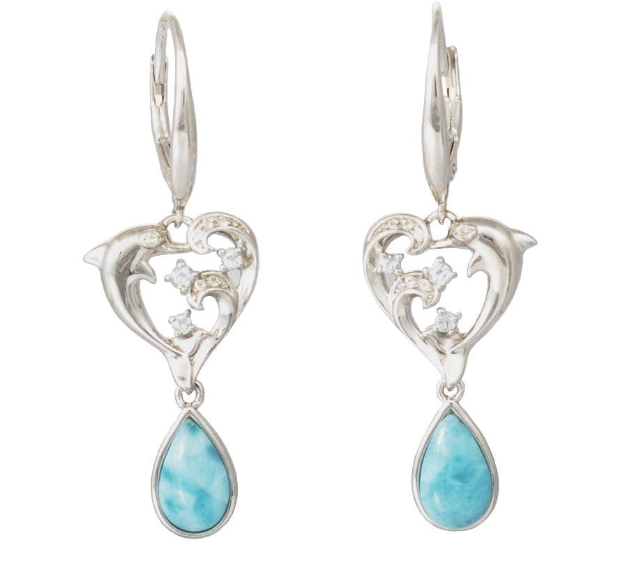 The photo shows a pair of larimar sterling silver earrings featuring our dolphin design. 