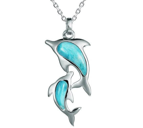The picture shows a 925 sterling silver larimar two dolphin lovers pendant.