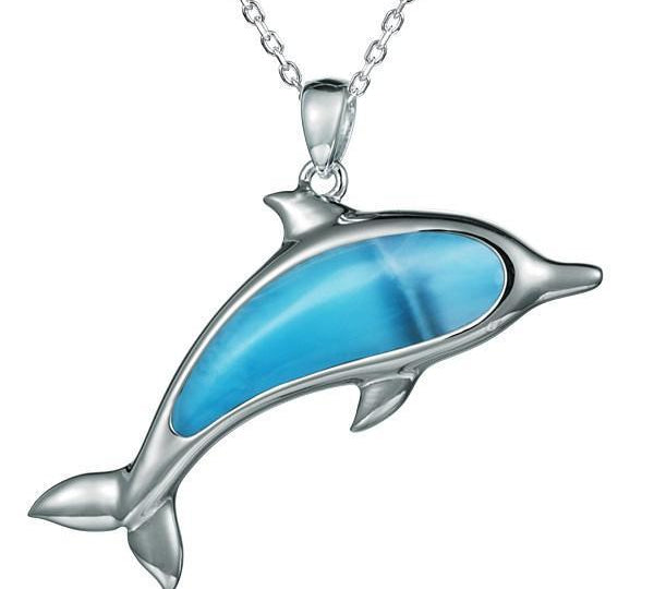 The picture shows a 925 sterling silver larimar dolphin pendant.