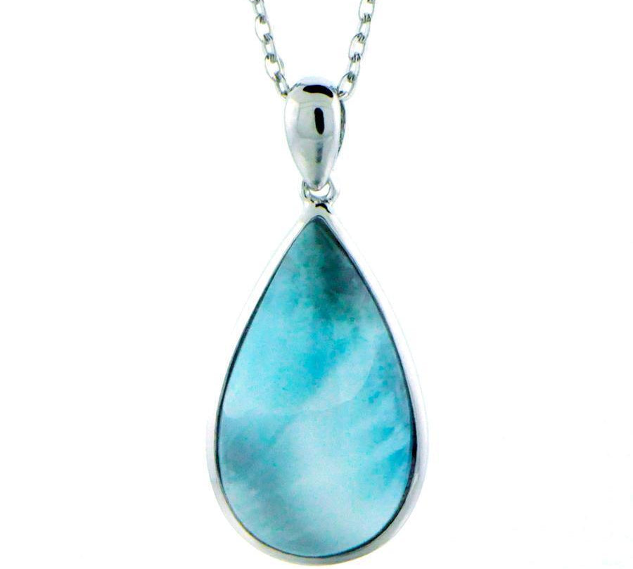 The picture shows a 925 sterling silver larimar teardrop pendant.