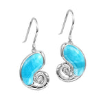 The picture shows a pair of 925 sterling silver larimar shell hook earrings.