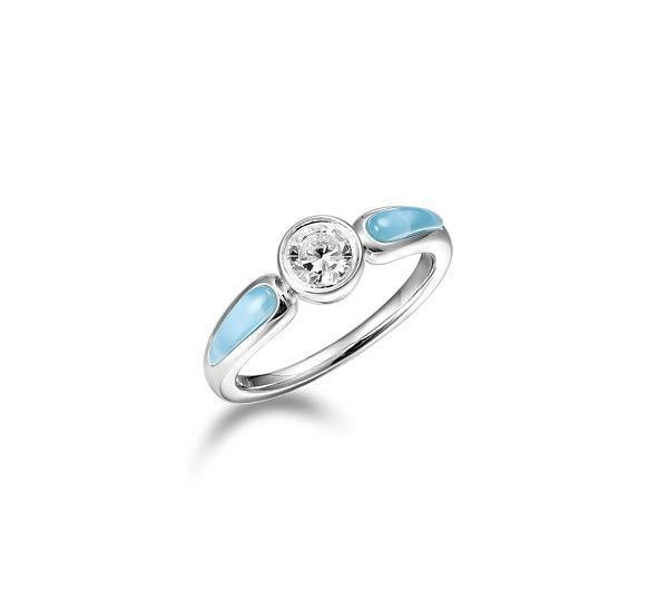 The picture shows a 925 sterling silver ring with larimar gemstones and topaz.