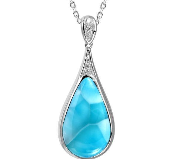 The picture shows a 925 sterling silver larimar teardrop pendant with topaz.