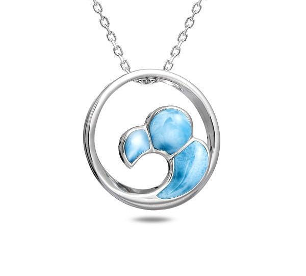 The picture shows a 925 sterling silver larimar big wave pendant.