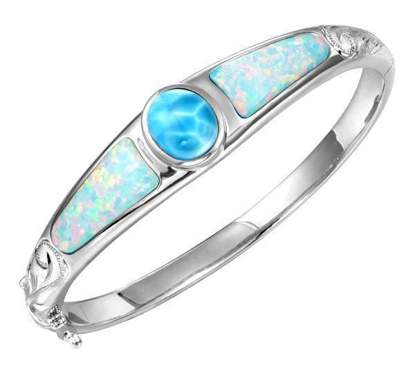 The picture shows a 925 sterling silver bangle with one larimar gemstone centered by two opalite gemstones.