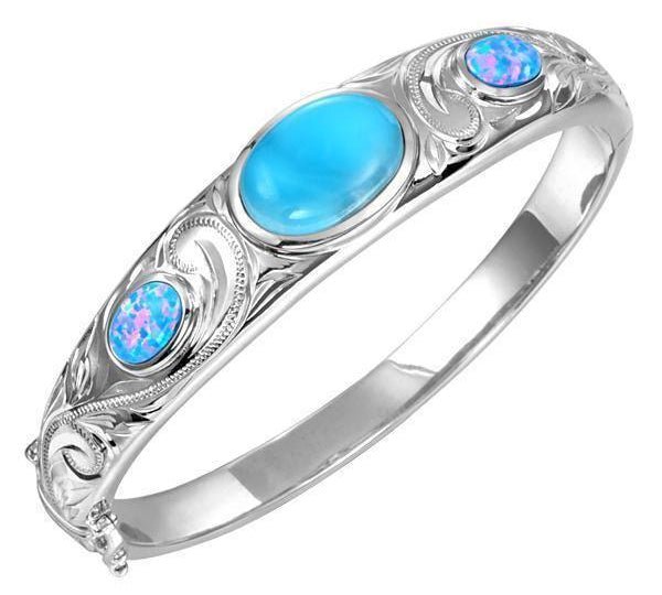 The picture shows a 925 sterling silver bangle with one larimar gemstone centered by two opalite gemstones with hand-engravings.