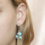 The picture shows a model wearing a 925 sterling silver larimar sea turtles lever-back earring.