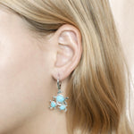 The picture shows a model wearing a 925 sterling silver larimar sea turtles lever-back earring.