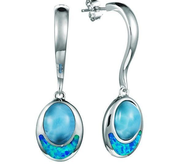 This image has 925 sterling silver larimar and opalite oval dangle earrings