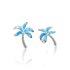 In this photo there is a pair of 925 sterling silver palm tree stud earrings with larimar gemstones.